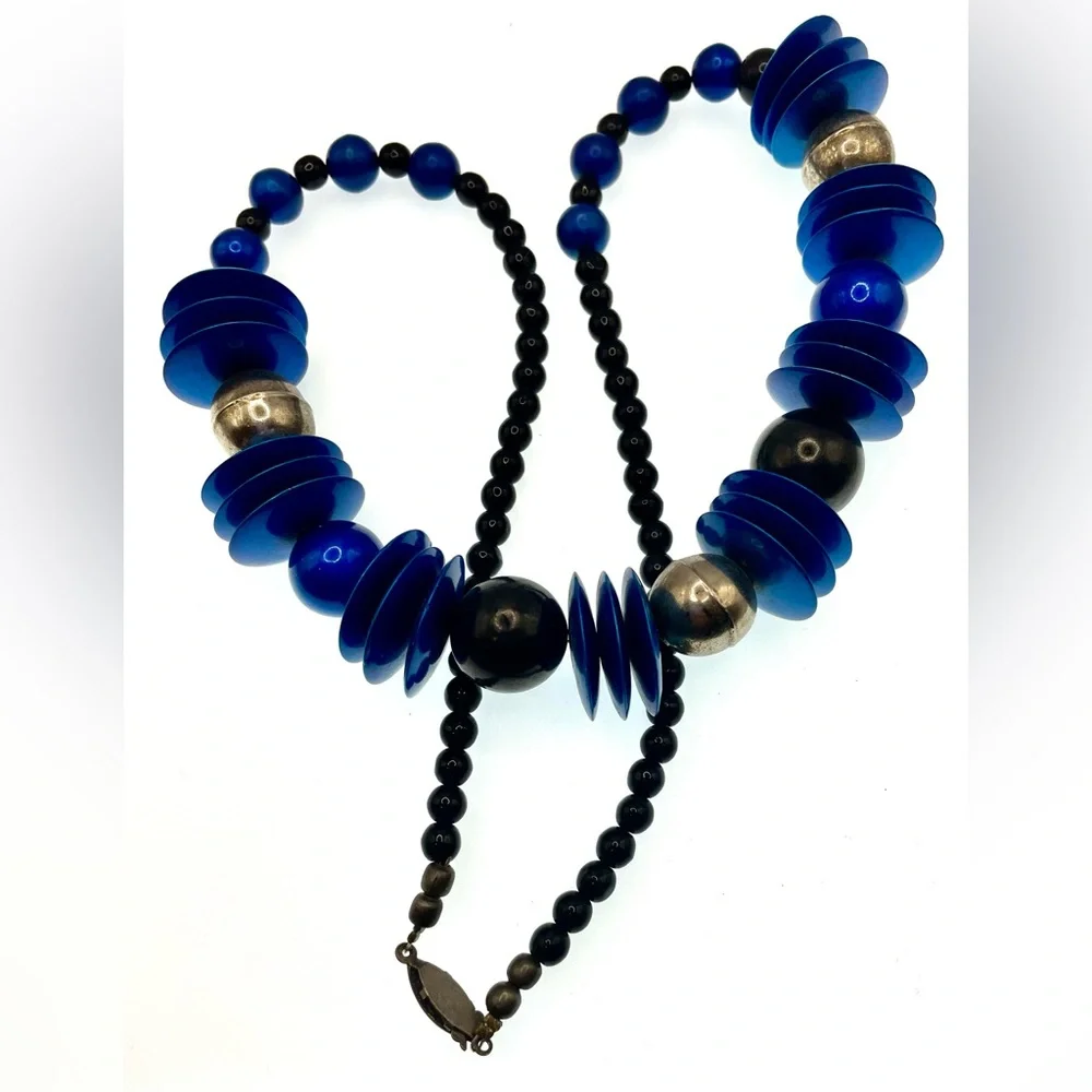 3 for $30 Vintage 1980s Blue Black and SilverTone Long Beaded Statement Necklace - Picture 3 of 7